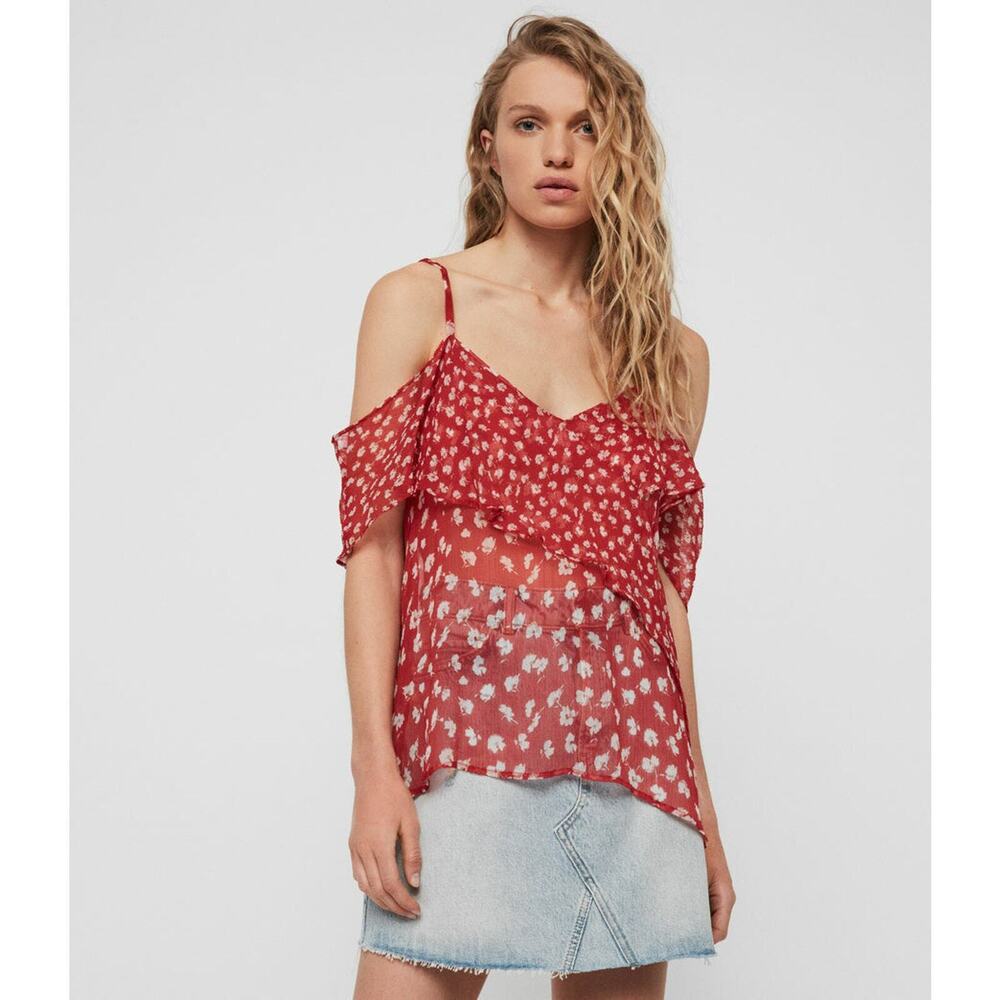 AllSaints Savine Red Floral Cold Shoulder Blouse Edgy Romantic Festival Size 10